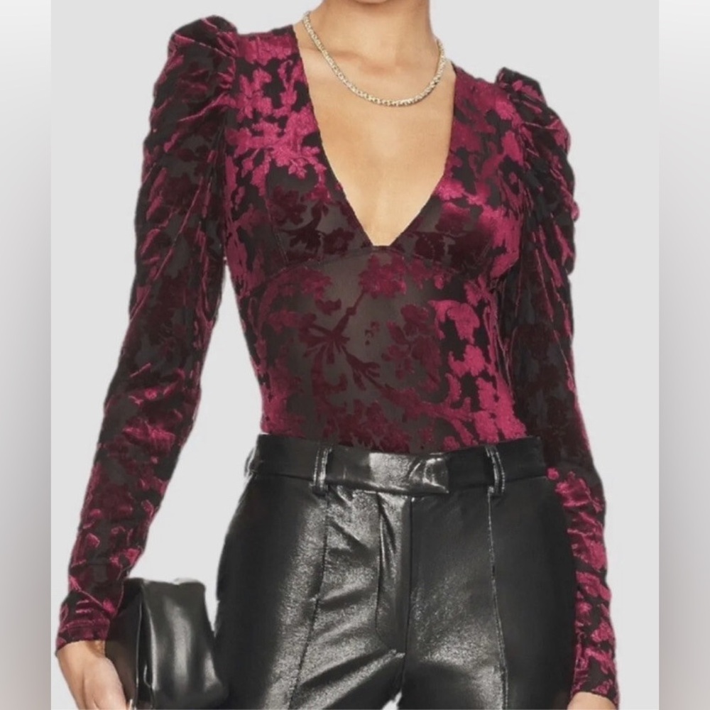 Free People Bodysuit Midnight Combo Red Velvet Long Sleeve Size Large